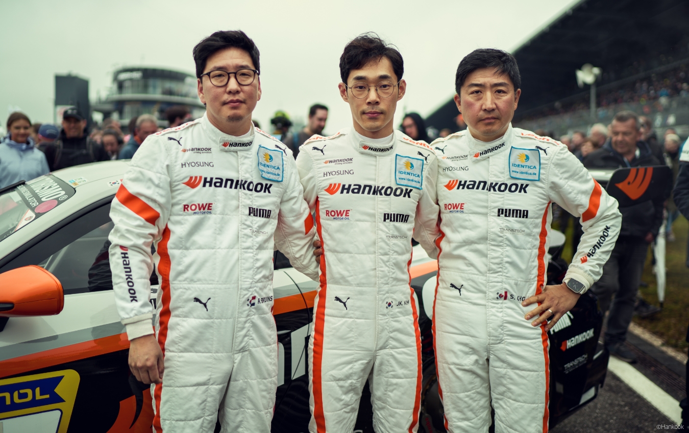 The three drivers who competed in the 24h Nürburgring 2024 for Hankook Competition. From left to right, Recardo Bruins, Jongkyum Kim, and Steven Cho.